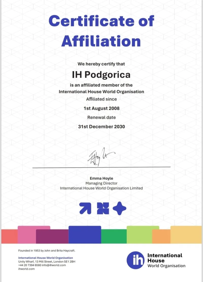 IH Podgorica - Certificate of Affiliation, International House World Organisation
